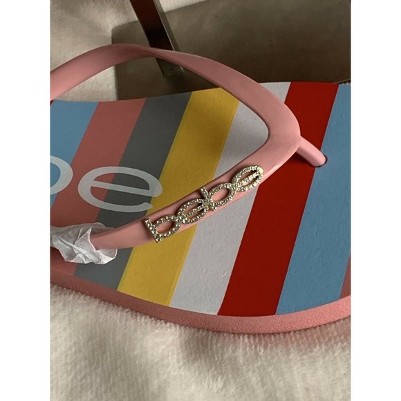 COPY - 🌹Women’s Sandals Size 9 MINDEE BEBE LOGO Striped Pink Multi FLIP FLOPS - Picture 4 of 8